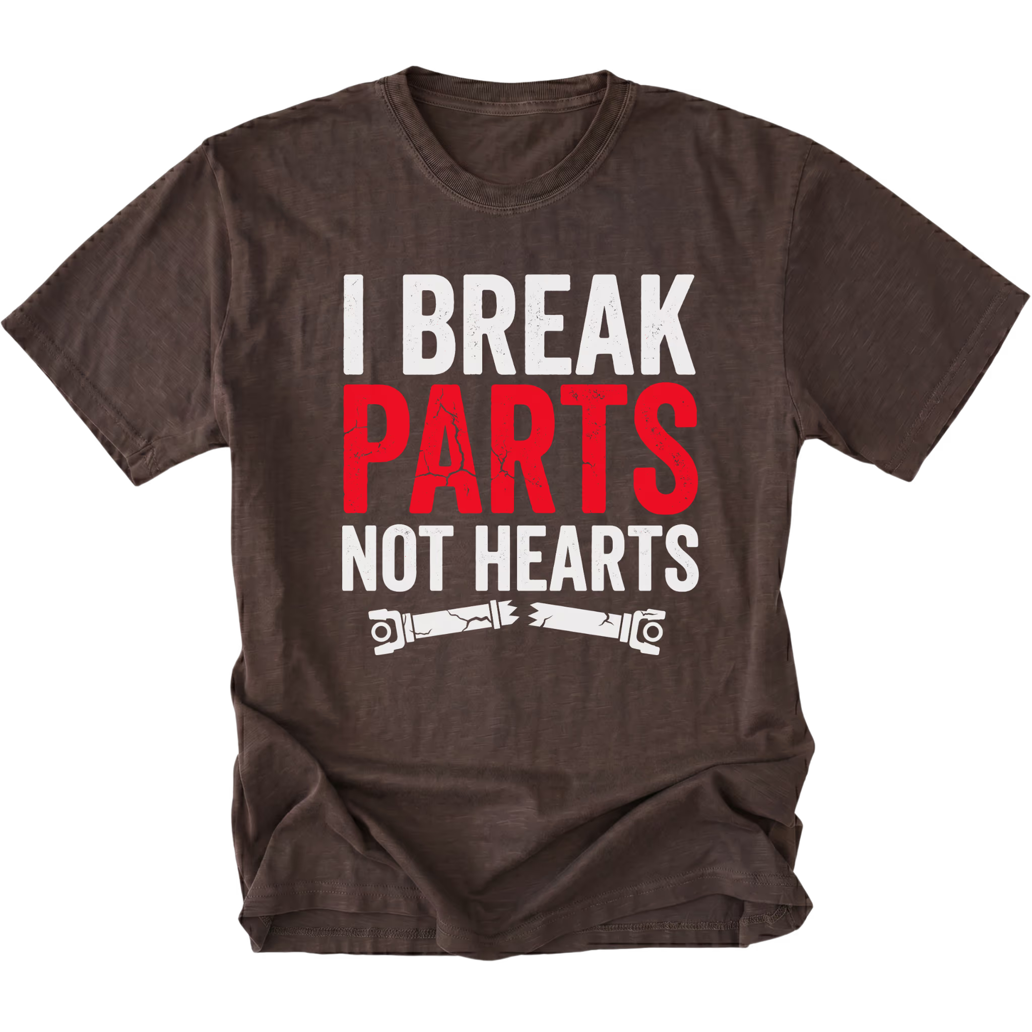 Espresso T-Shirt featuring the I Break Parts Not Hearts design on the front view by Trail Snark.