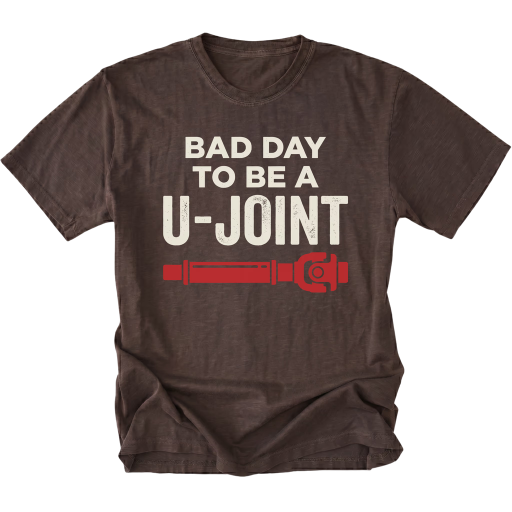 Espresso t-shirt with Bad Day To Be A U-Joint drivetrain graphic shown front view by Trail Snark.