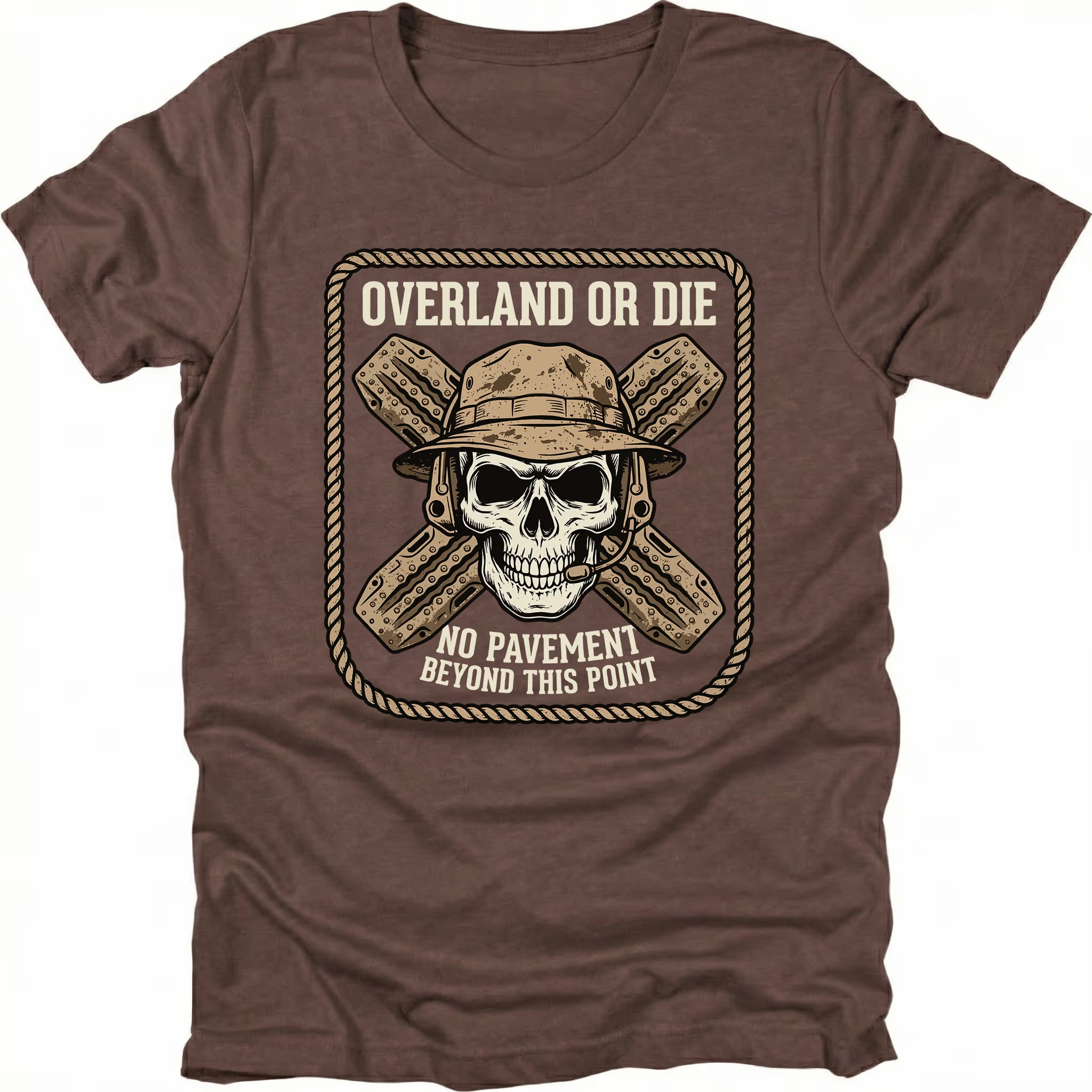Espresso T-Shirt with skull and crossed traction boards reading “Overland Or Die No Pavement Beyond This Point” shown on front view by Trail Snark.