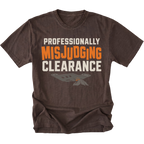 Espresso T-shirt featuring the Misjudged Clearance design on the front by Trail Snark.