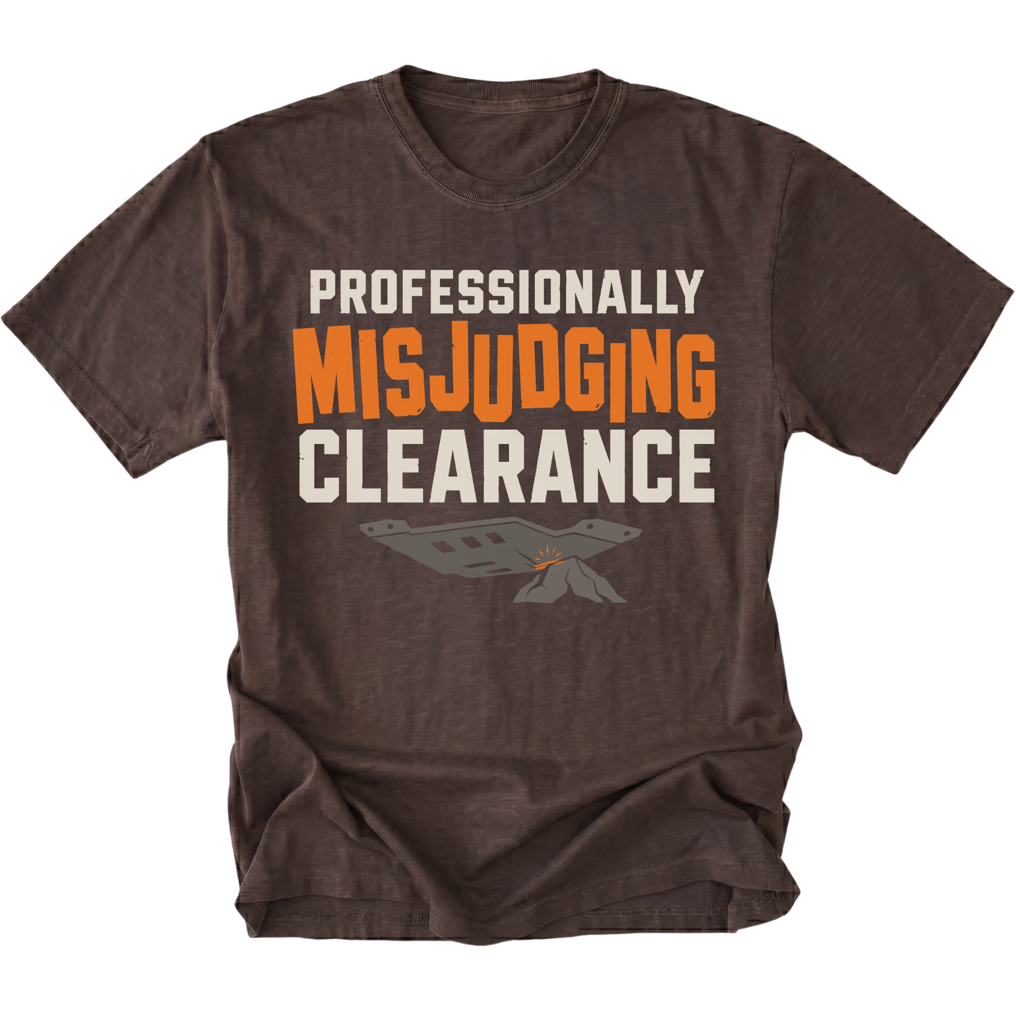 Espresso T-shirt featuring the Misjudged Clearance design on the front by Trail Snark.