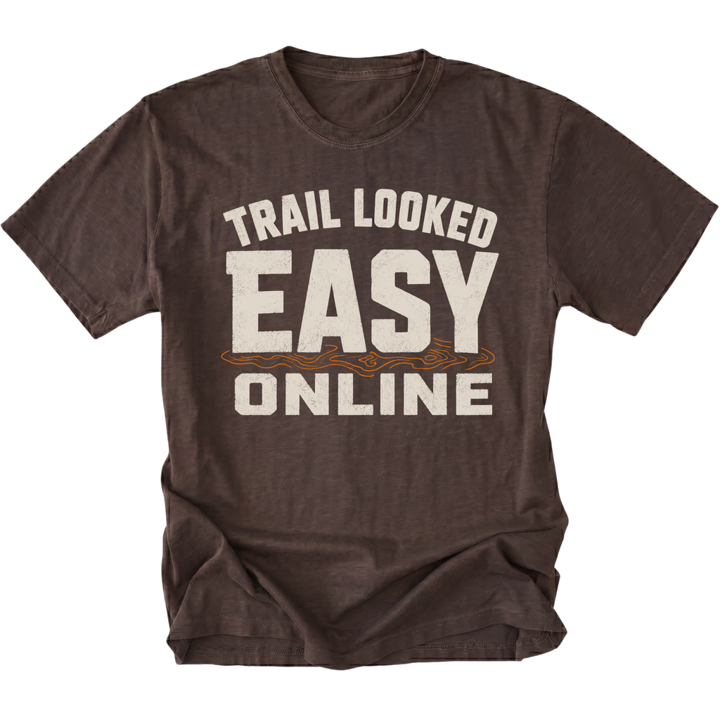 Espresso T-Shirt with Trail Looked Easy Online off-road trail humor design shown from the front by Trail Snark.