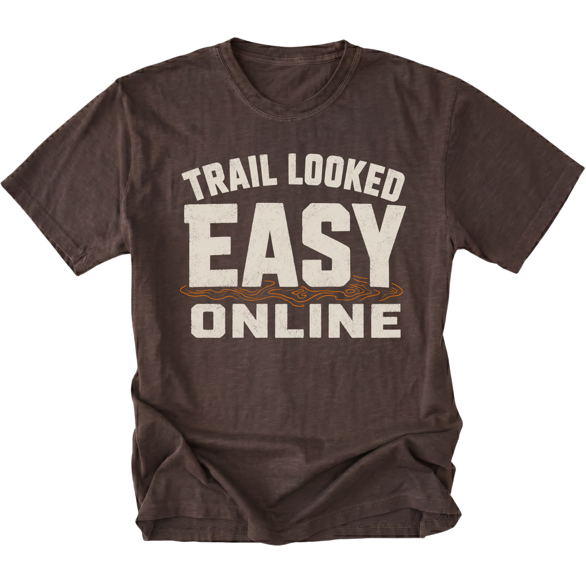 Espresso T-Shirt with Trail Looked Easy Online off-road trail humor design shown from the front by Trail Snark.