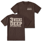 Espresso T-shirt with 3 Weeks Deep On A 30 Minute Repair back design and Minor Repair Major Delay front chest print by Trail Snark.