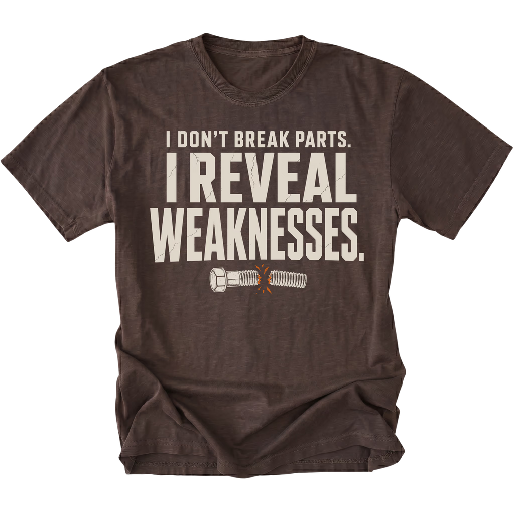 Espresso t-shirt featuring the Reveal Weaknesses design on the front by Trail Snark.