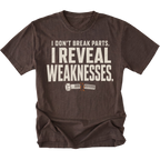 Espresso t-shirt featuring the Reveal Weaknesses design on the front by Trail Snark.