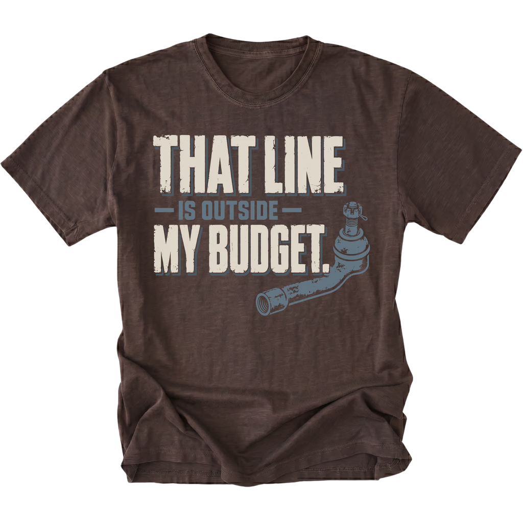 Espresso T-shirt featuring the Budget Line tie rod design on the front by Trail Snark.