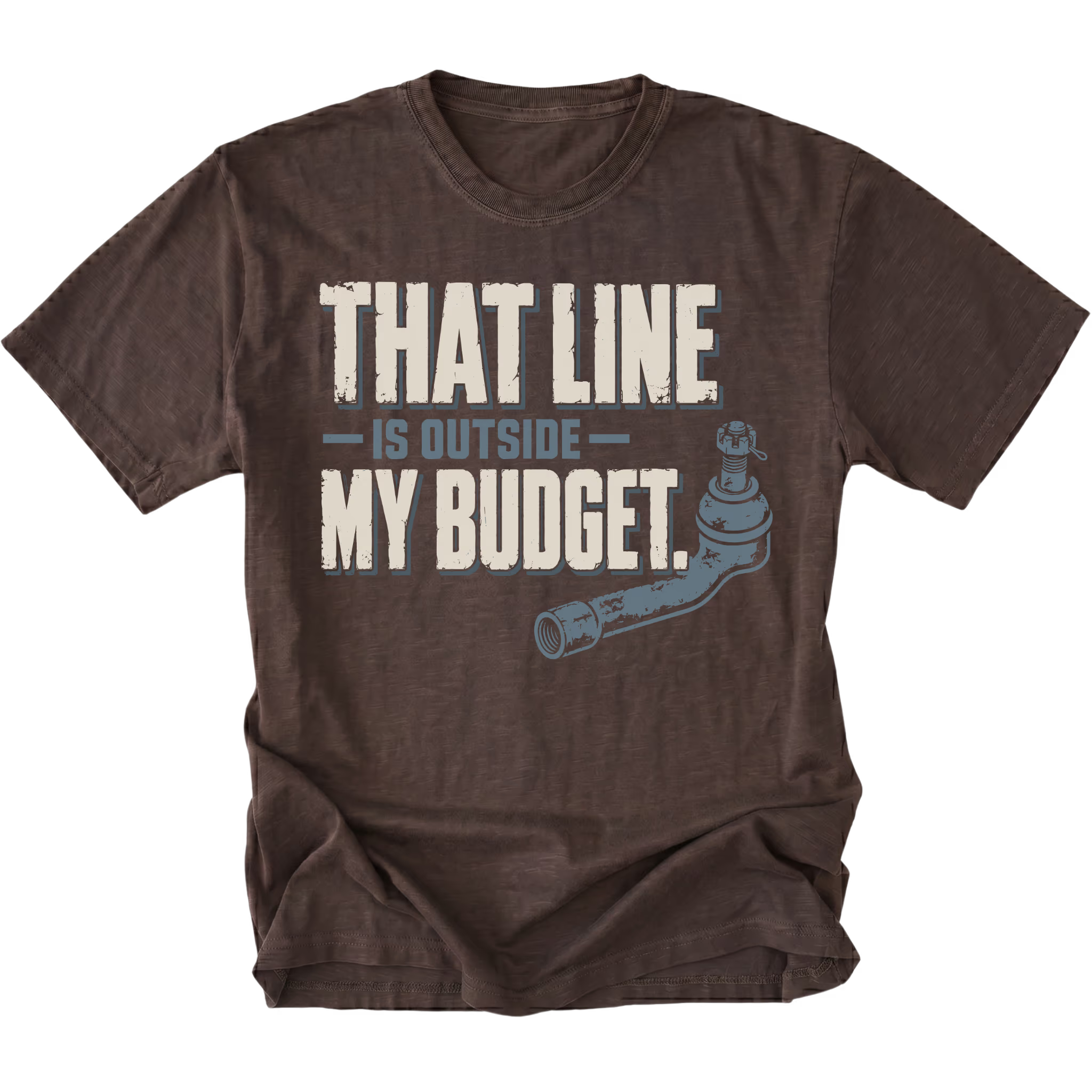Espresso T-shirt featuring the Budget Line tie rod design on the front by Trail Snark.