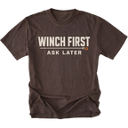 Espresso T-Shirt with Winch First Ask Later off-road recovery design shown from the front by Trail Snark.