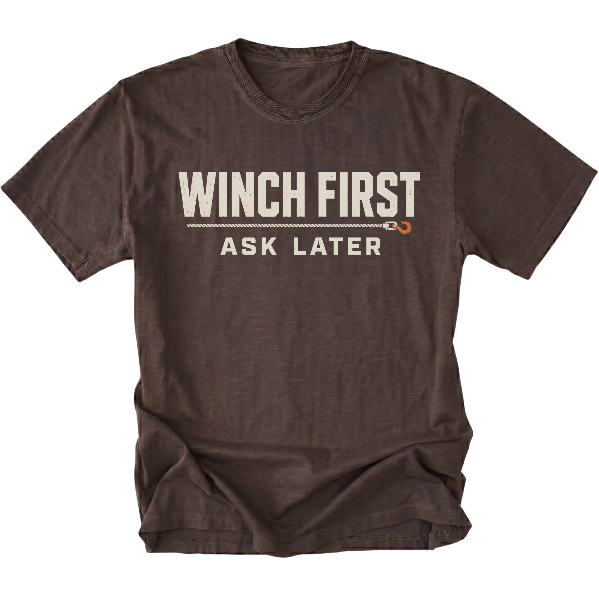 Espresso T-Shirt with Winch First Ask Later off-road recovery design shown from the front by Trail Snark.