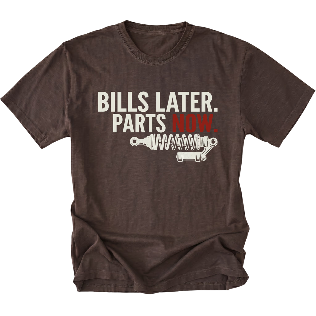 Espresso t-shirt featuring Bills Later Parts Now design with suspension coilover graphic on front view by Trail Snark.