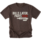 Espresso t-shirt featuring Bills Later Parts Now design with suspension coilover graphic on front view by Trail Snark.
