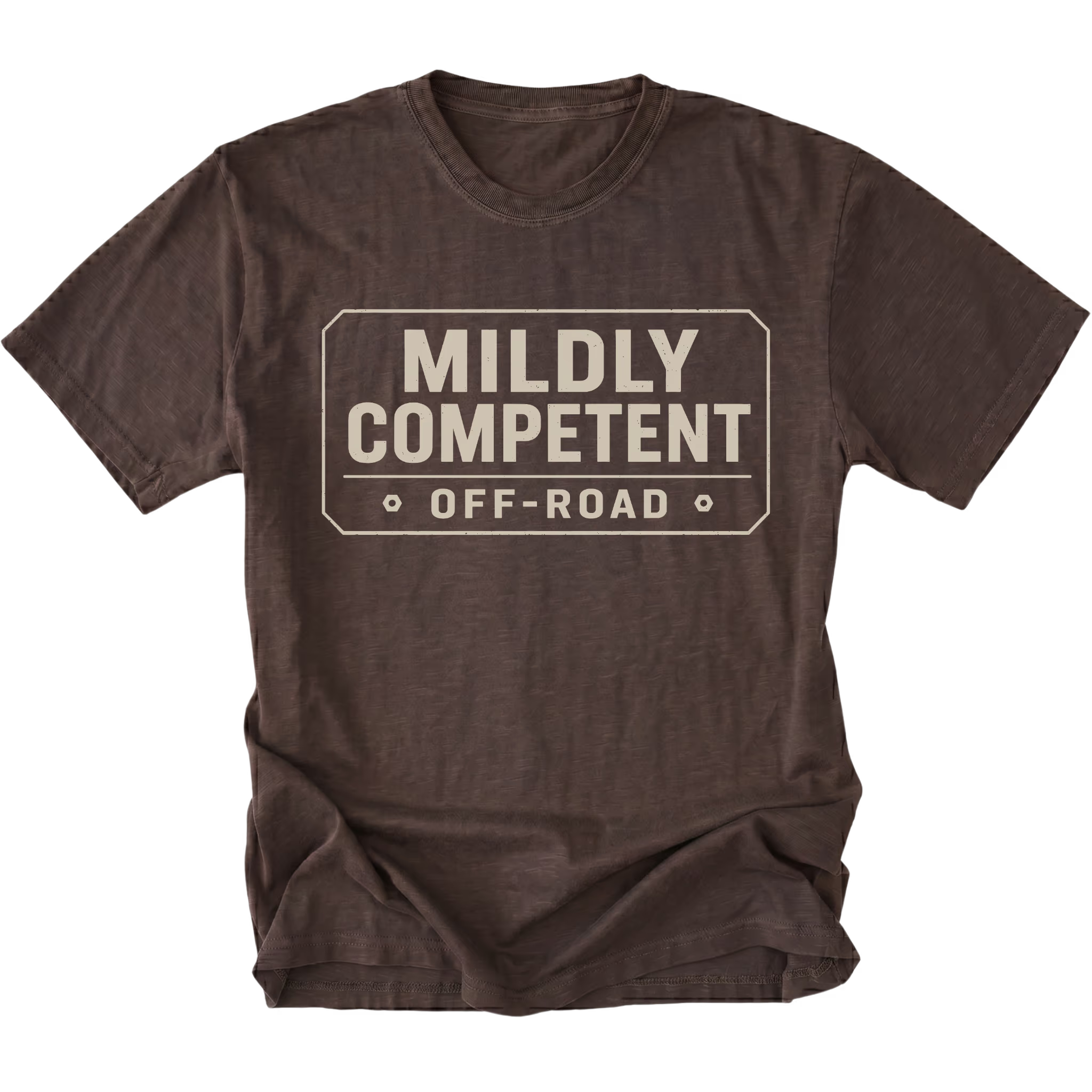 Espresso T-shirt with a Mildly Competent Off-Road design shown from the front by Trail Snark.