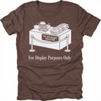 Espresso t-shirt featuring a display stand graphic labeled the just in case collection with off-road gear and for display purposes only text shown from the front.