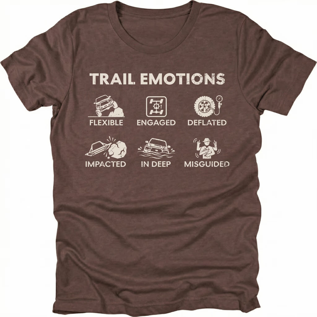 Espresso t-shirt featuring Trail Emotions icons including flexible, engaged, deflated, impacted, in deep, and misguided trail situations by Trail Snark.