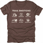 Espresso t-shirt featuring Trail Emotions icons including flexible, engaged, deflated, impacted, in deep, and misguided trail situations by Trail Snark.