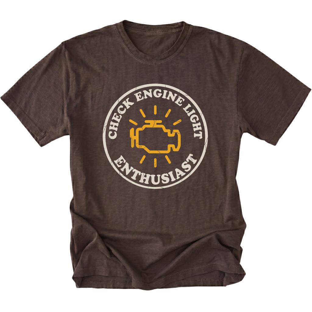 Espresso t-shirt featuring check engine light enthusiast circular engine warning graphic shown from the front by Trail Snark.