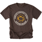 Espresso t-shirt featuring check engine light enthusiast circular engine warning graphic shown from the front by Trail Snark.