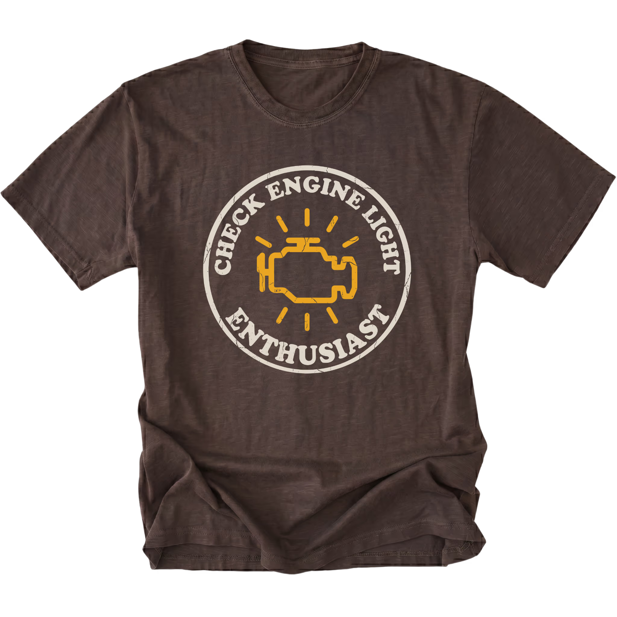 Espresso t-shirt featuring check engine light enthusiast circular engine warning graphic shown from the front by Trail Snark.