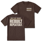 Espresso T-Shirt with Ongoing Project front design and Built Not Bought Rebuilt Repeatedly back design shown by Trail Snark.
