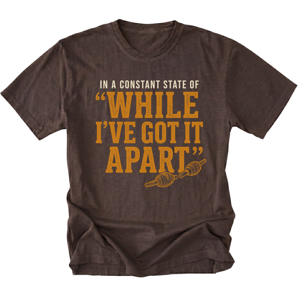 Espresso T-shirt with a While I've Got It Apart off-road repair design shown from the front by Trail Snark.