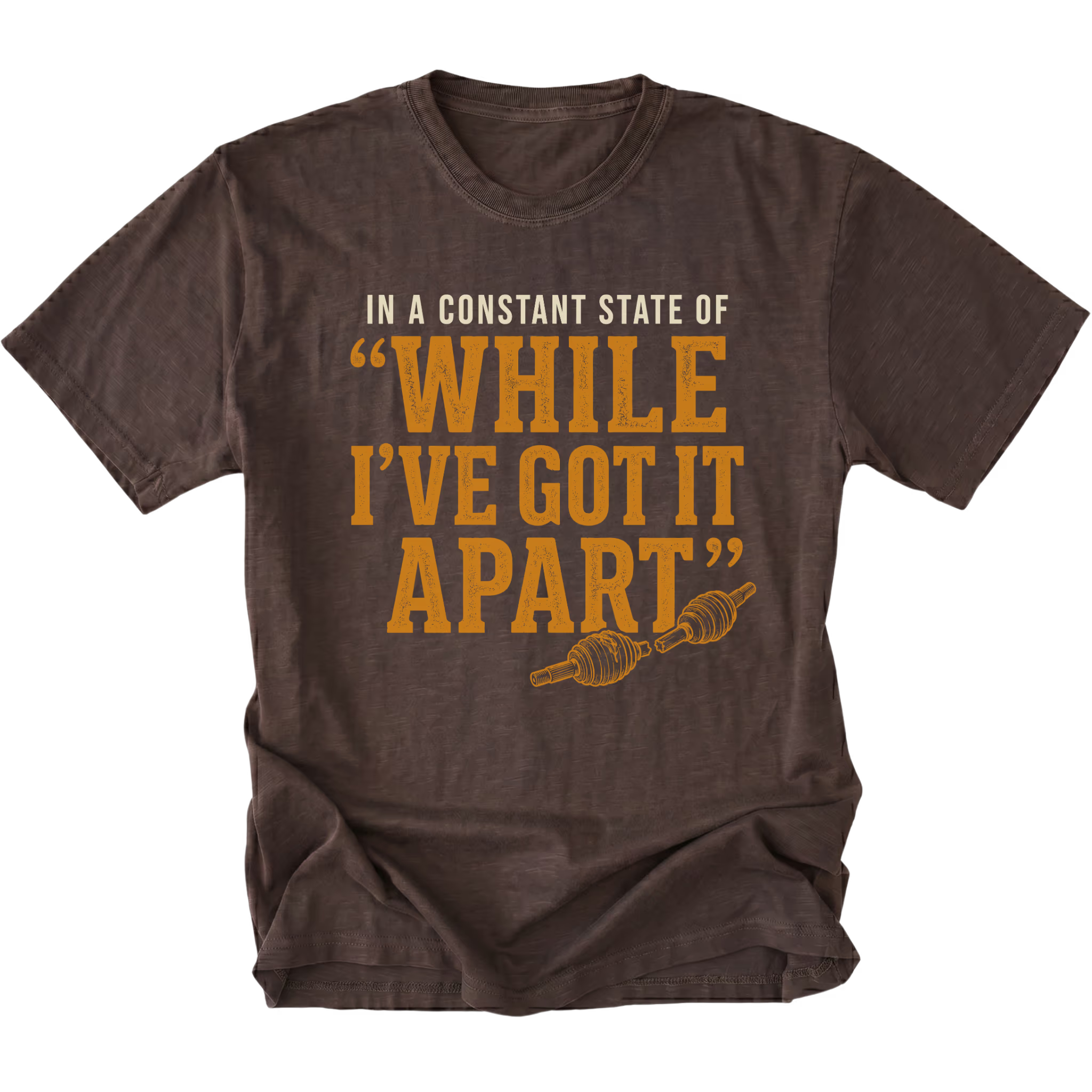Espresso T-shirt with a While I've Got It Apart off-road repair design shown from the front by Trail Snark.