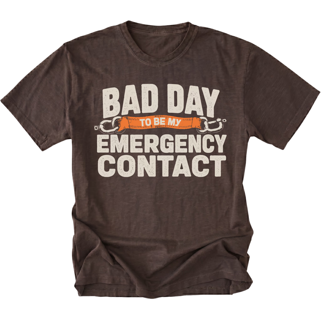 Espresso t-shirt featuring the Emergency Contact design on the front by Trail Snark.
