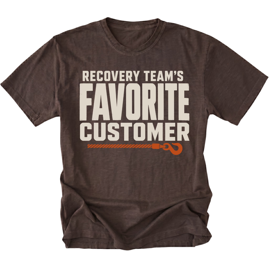 Espresso T-shirt featuring the Favorite Customer recovery design on the front by Trail Snark.