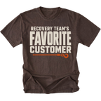 Espresso T-shirt featuring the Favorite Customer recovery design on the front by Trail Snark.