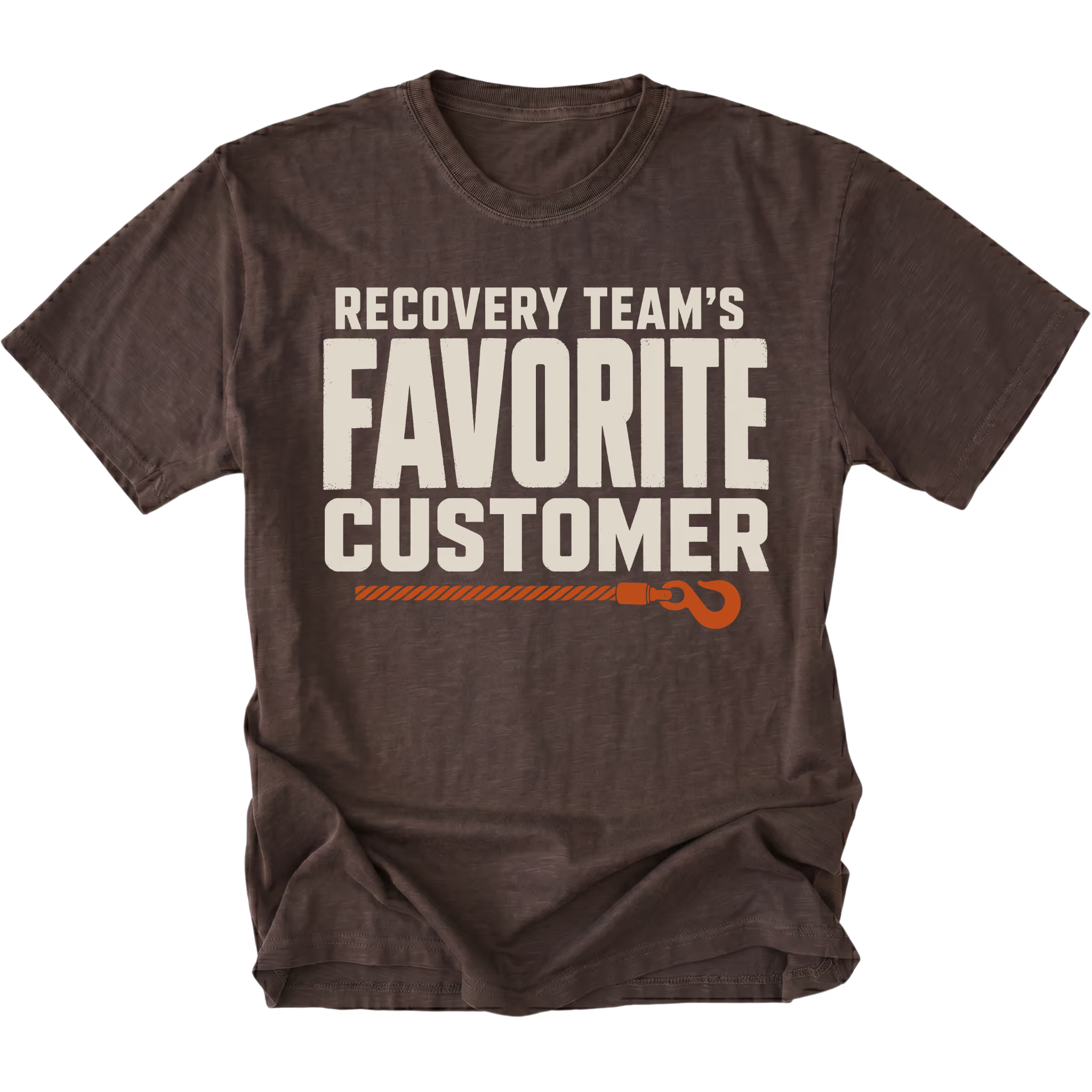 Espresso T-shirt featuring the Favorite Customer recovery design on the front by Trail Snark.