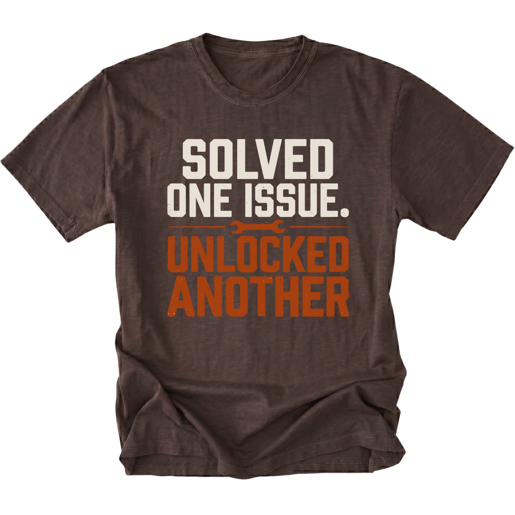 Espresso T-Shirt with the Solved One Issue. Unlocked Another design shown in a front view by Trail Snark.