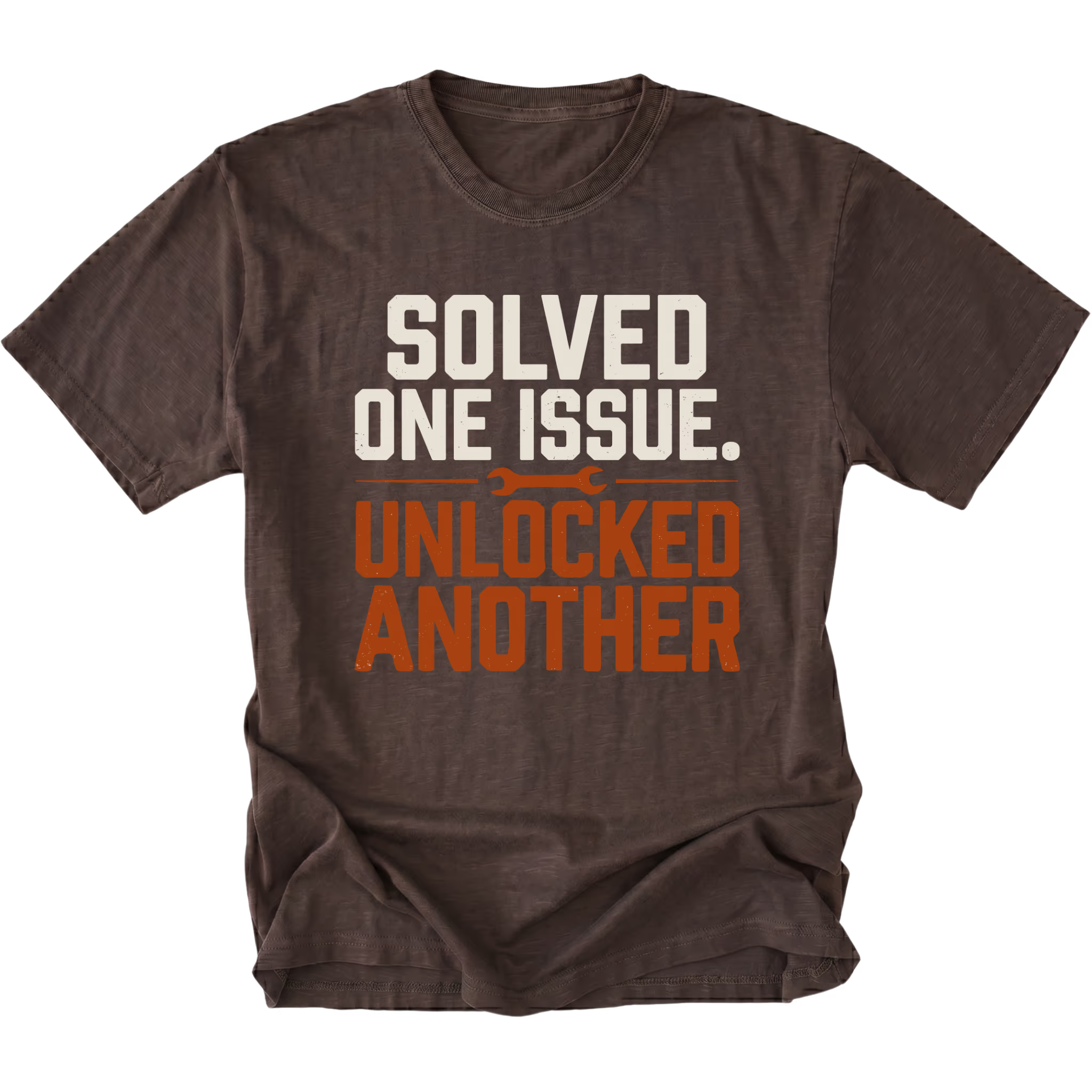 Espresso T-Shirt with the Solved One Issue. Unlocked Another design shown in a front view by Trail Snark.