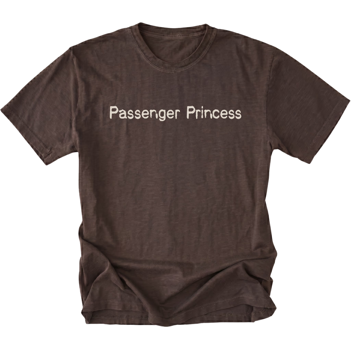 A dark brown short-sleeve t-shirt with the words 'Passenger Princess' printed in a light beige serif font across the chest, displayed flat against a white background.