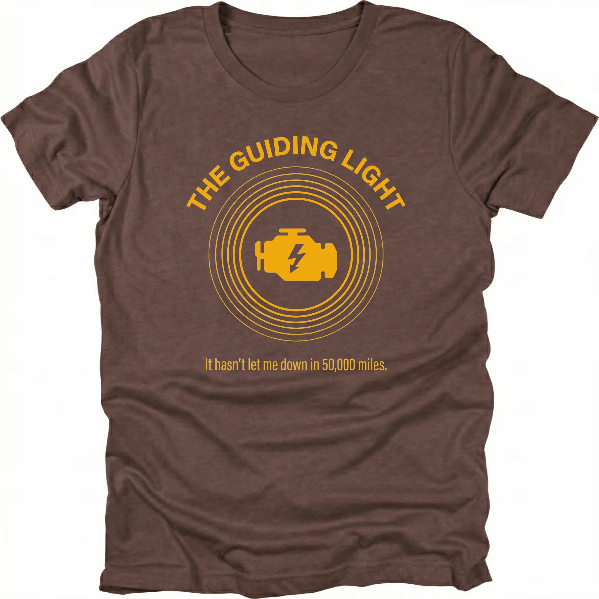 Espresso T-Shirt with circular graphic and check engine light icon reading “The Guiding Light” shown on front view by Trail Snark.