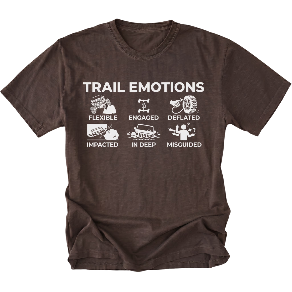 Espresso t-shirt featuring “Trail Emotions” text with illustrated off-road icons labeled flexible, engaged, deflated, impacted, in deep, and misguided by Trail Snark.