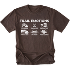 Espresso t-shirt featuring “Trail Emotions” text with illustrated off-road icons labeled flexible, engaged, deflated, impacted, in deep, and misguided by Trail Snark.