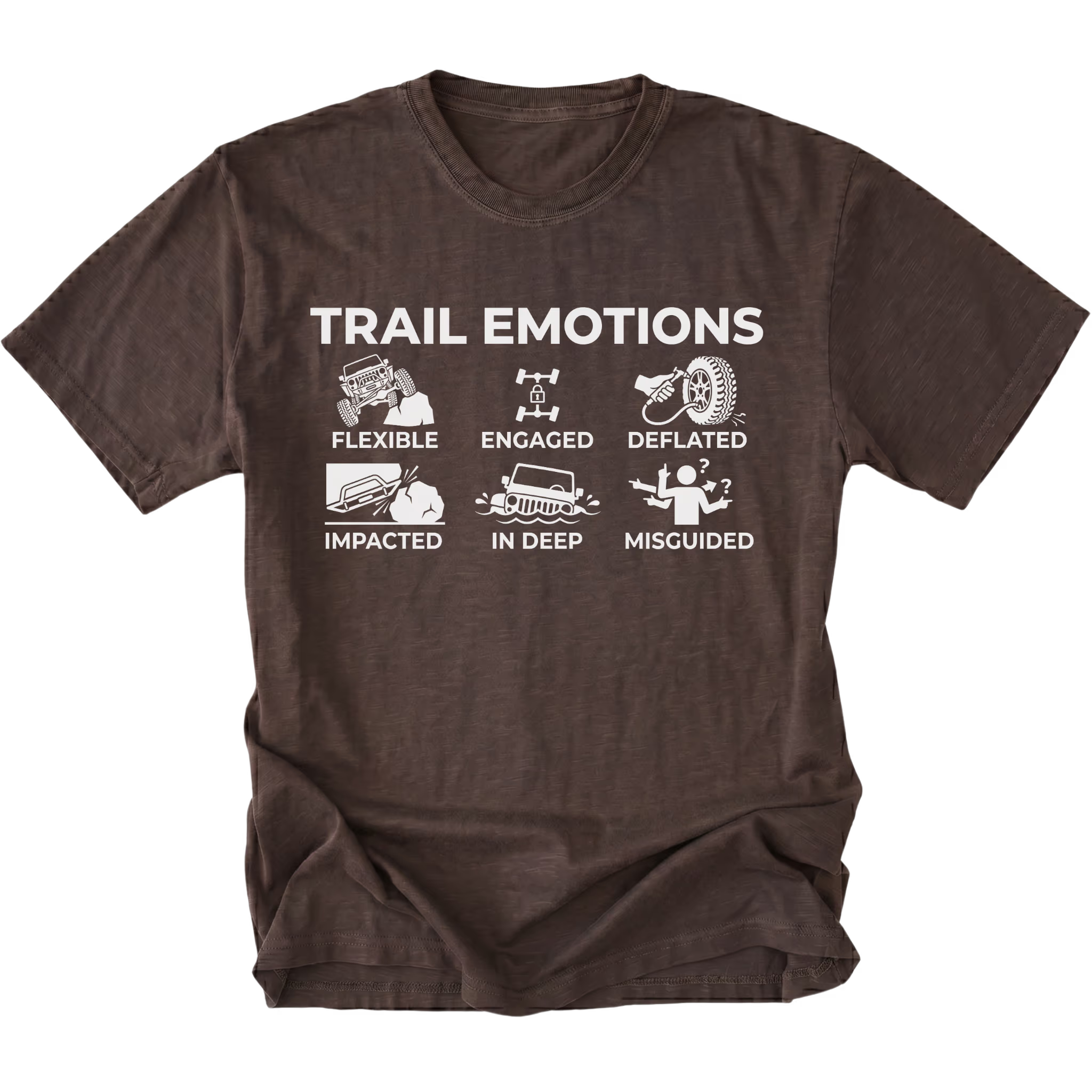 Espresso t-shirt featuring “Trail Emotions” text with illustrated off-road icons labeled flexible, engaged, deflated, impacted, in deep, and misguided by Trail Snark.