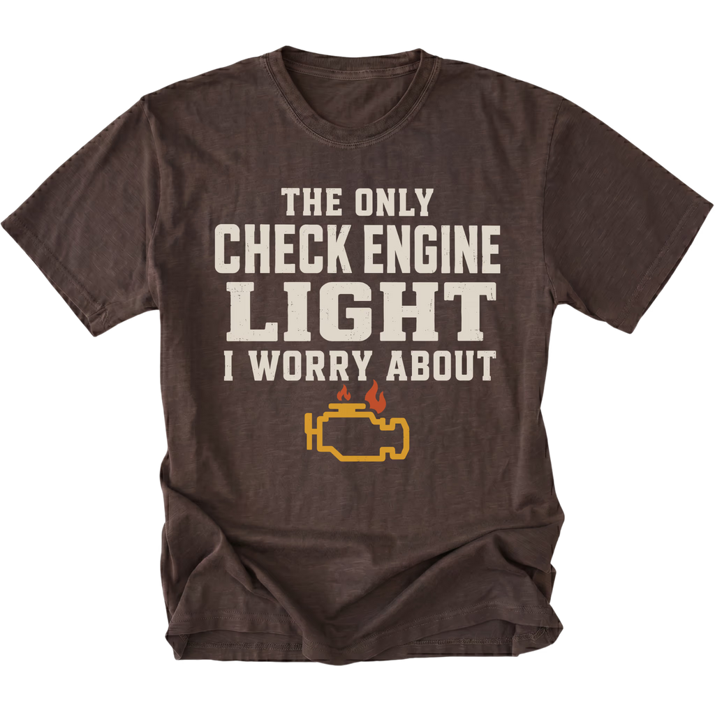Espresso t-shirt featuring the Check Engine Light design on the front by Trail Snark.