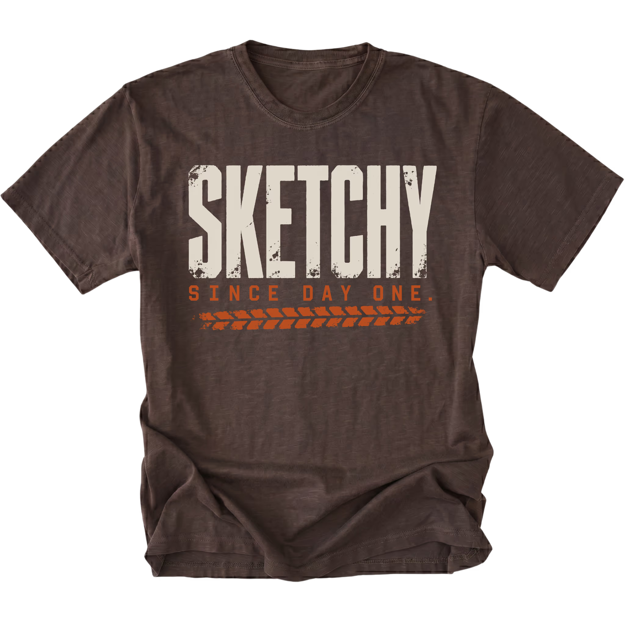 Espresso T-shirt featuring the Sketchy Since Day One design on the front by Trail Snark.