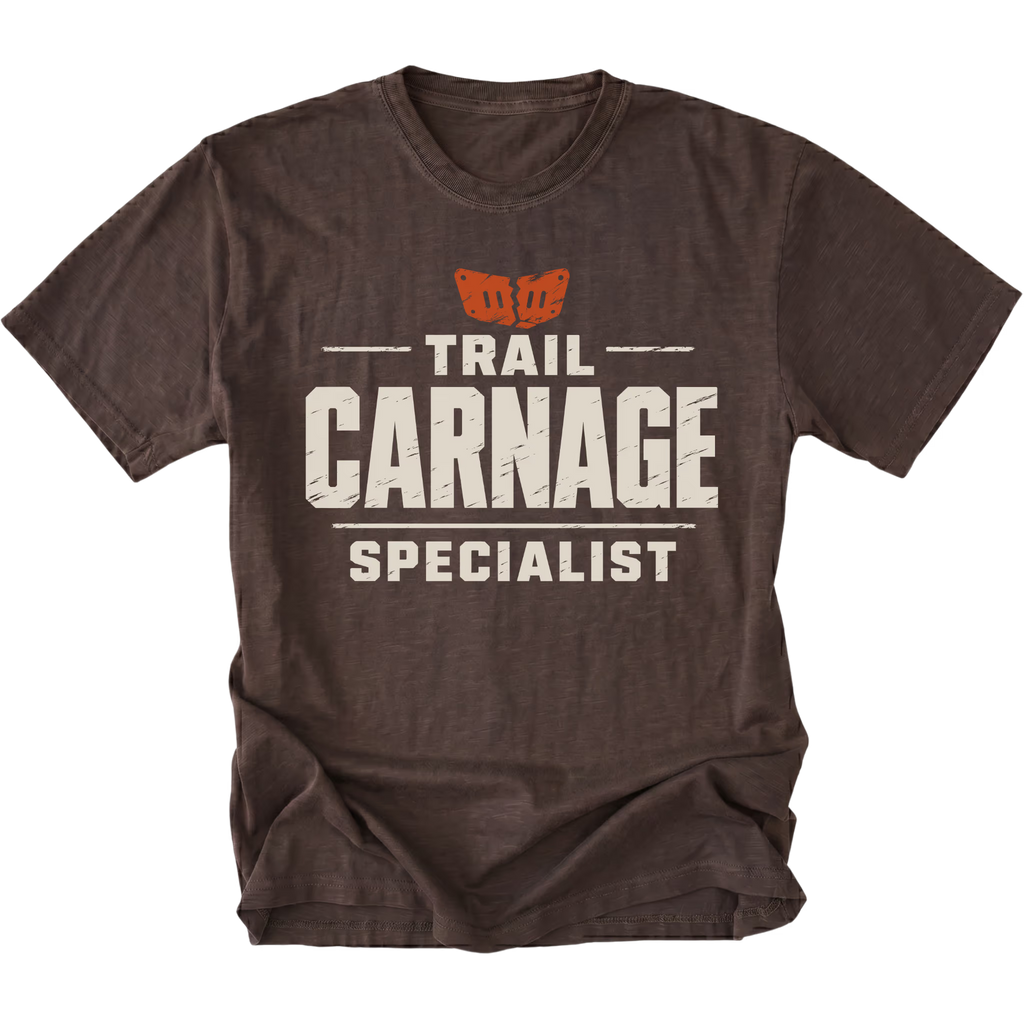 Espresso T-shirt featuring the Trail Carnage Specialist design on the front by Trail Snark.