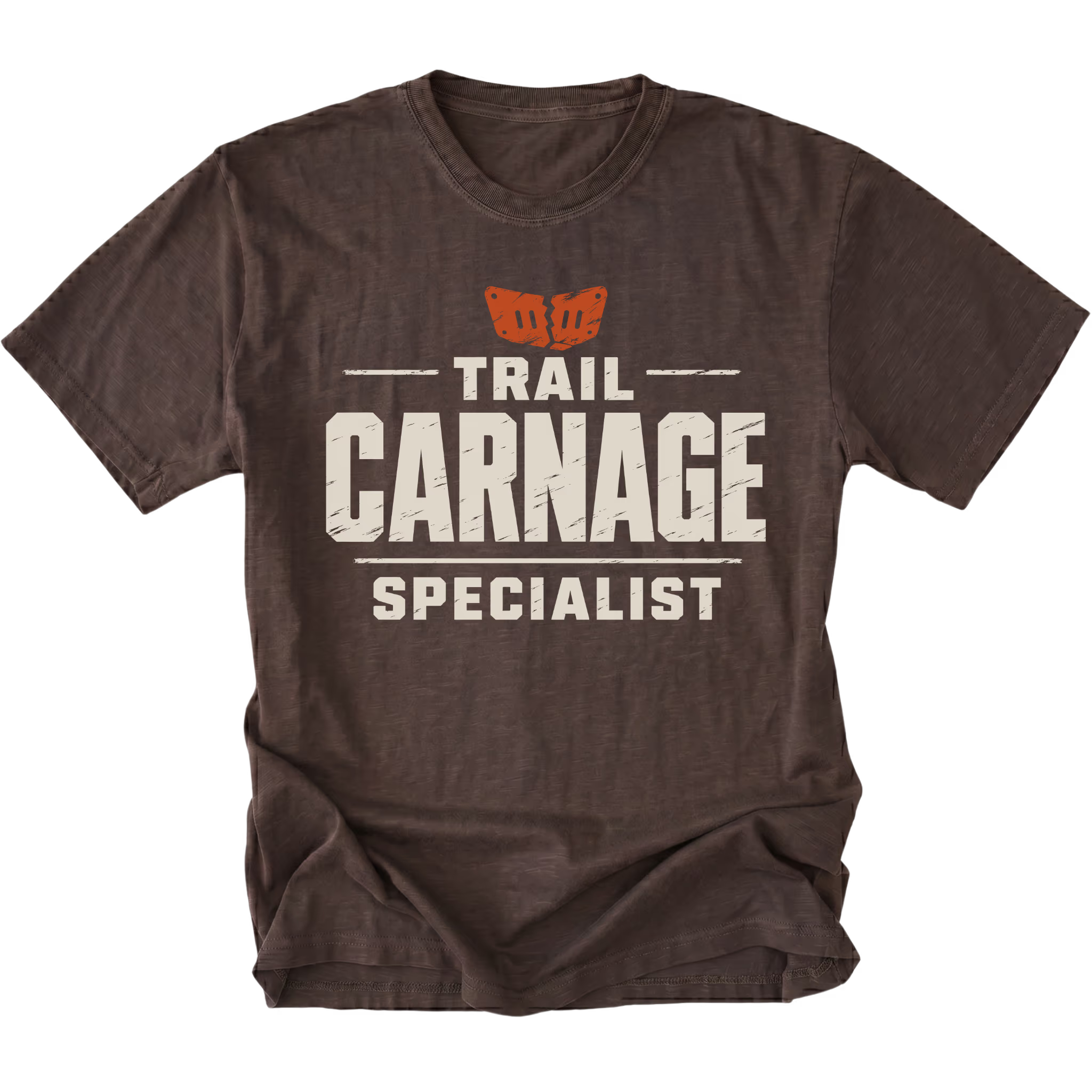 Espresso T-shirt featuring the Trail Carnage Specialist design on the front by Trail Snark.