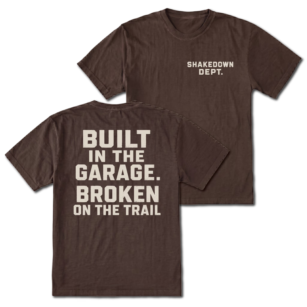 Espresso T-shirt with Shakedown Dept front print and Built in the Garage Broken on the Trail back design shown front and back by Trail Snark.