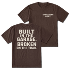 Espresso T-shirt with Shakedown Dept front print and Built in the Garage Broken on the Trail back design shown front and back by Trail Snark.