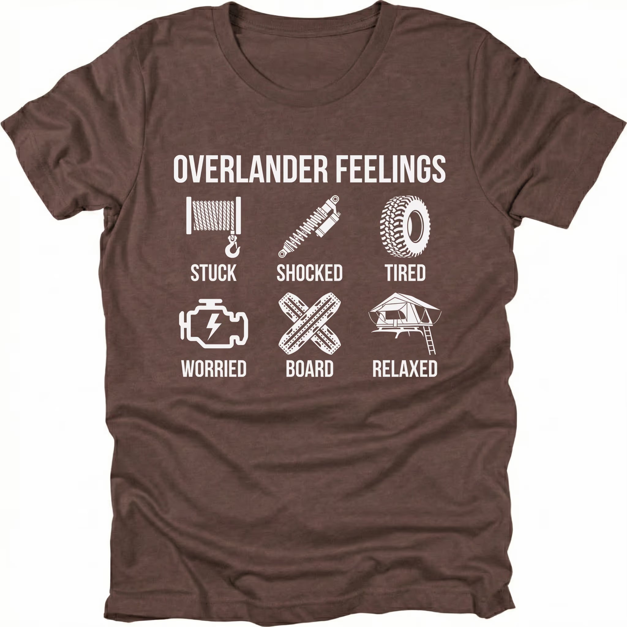 Espresso T-Shirt with “Overlander Feelings” icons showing stuck, shocked, tired, worried, board, and relaxed on front view by Trail Snark.