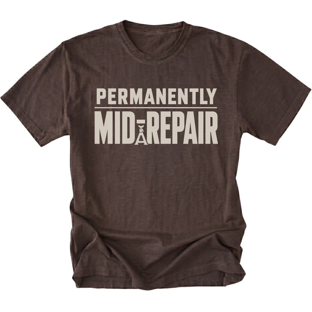 Espresso T-Shirt featuring the Permanently Mid-Repair design shown in front view by Trail Snark.