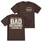 Espresso T-shirt with Single Digit MPG Club front print and Bad Decisions & Leaking Oil back design shown front and back by Trail Snark.