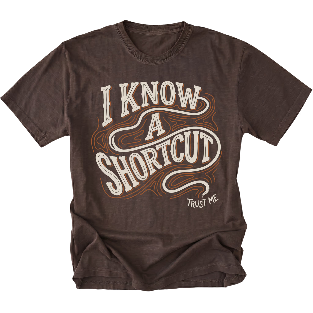 Espresso T-shirt featuring the I Know a Shortcut design on the front by Trail Snark.