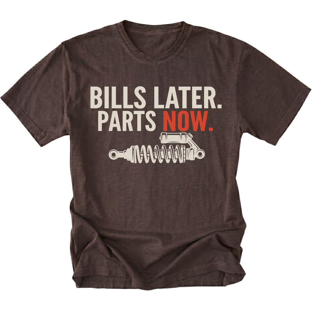 Espresso t-shirt featuring Bills Later Parts Now design with suspension coilover graphic on front view by Trail Snark.