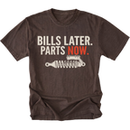 Espresso t-shirt featuring Bills Later Parts Now design with suspension coilover graphic on front view by Trail Snark.