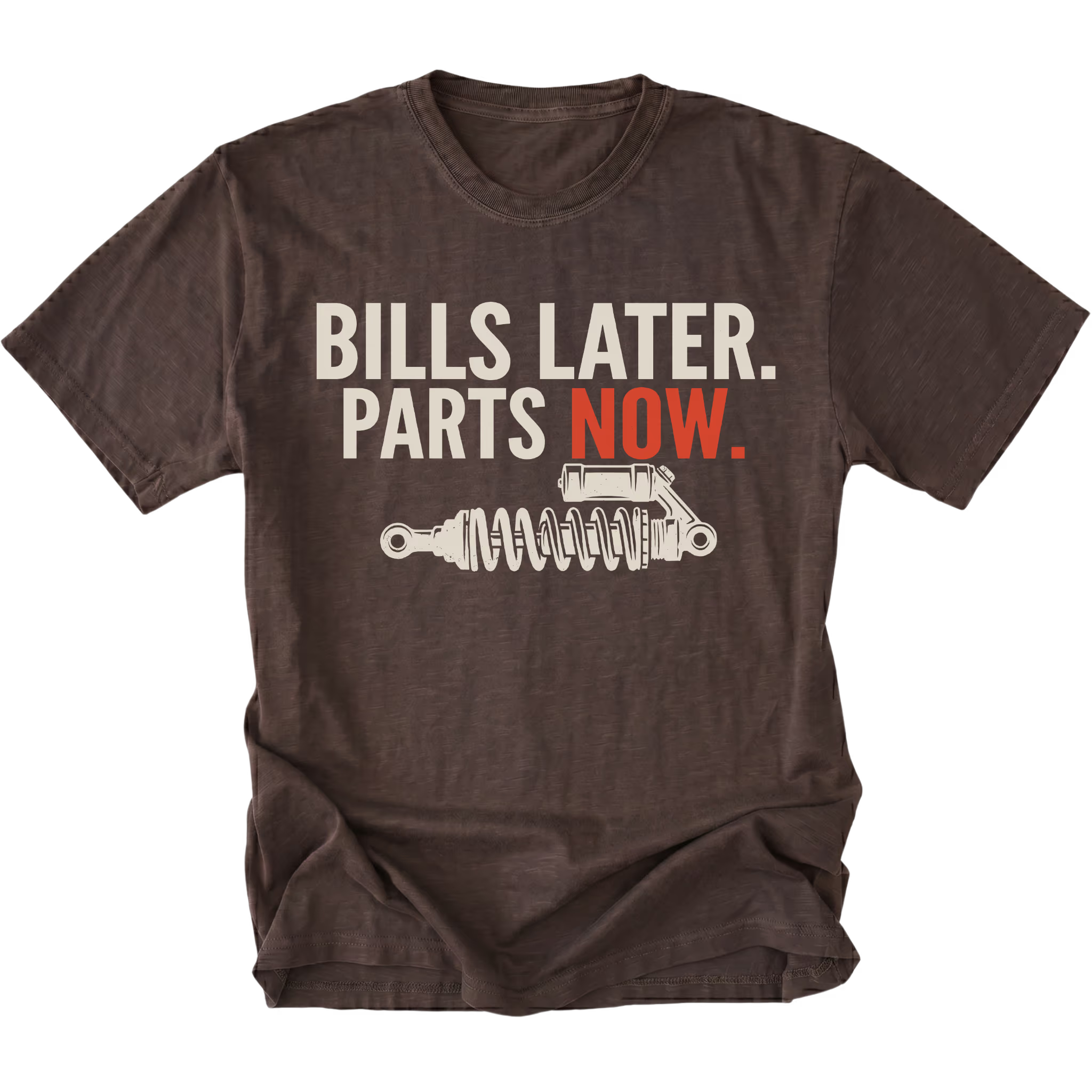 Espresso t-shirt featuring Bills Later Parts Now design with suspension coilover graphic on front view by Trail Snark.